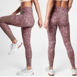 NWT ATHLETA XS Rainer Printed Mesh Tight Zip Pockets High Rise Purple